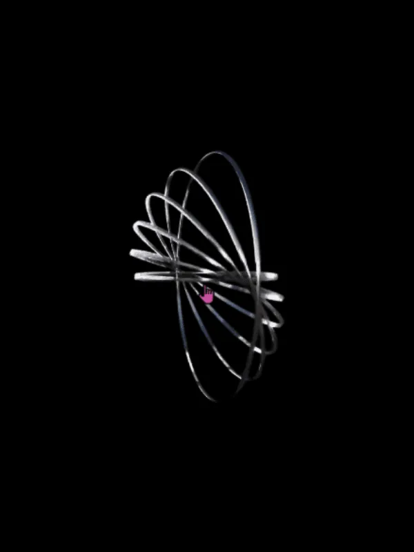 A loose ball of thin silver rings looping through one another, with a small pink pointing-hand cursor at its centre
