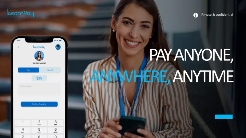 BeamPay pitch deck cover slide by spectup: mobile payments app to pay anyone, anywhere, anytime