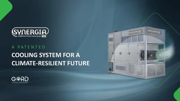 GORD pitch deck cover slide by spectup: Synergia patented cooling system for a climate-resilient future