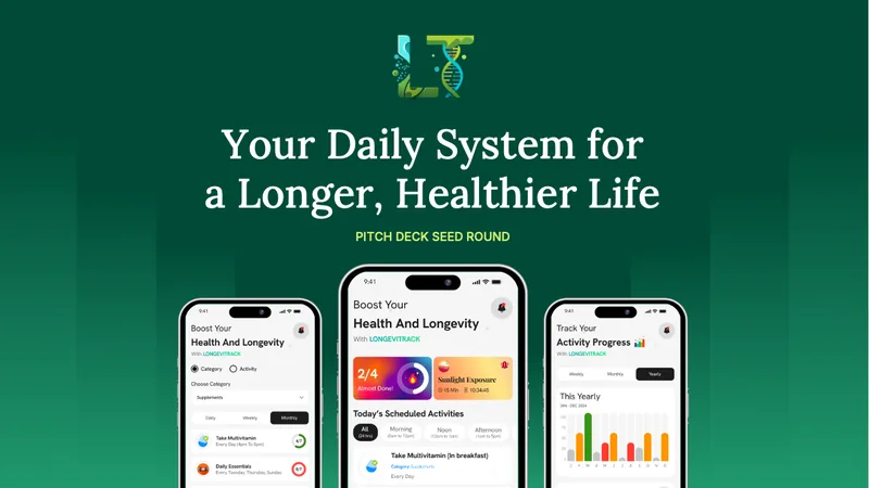 Longevitrack seed round pitch deck cover slide by spectup: daily longevity and health tracking app