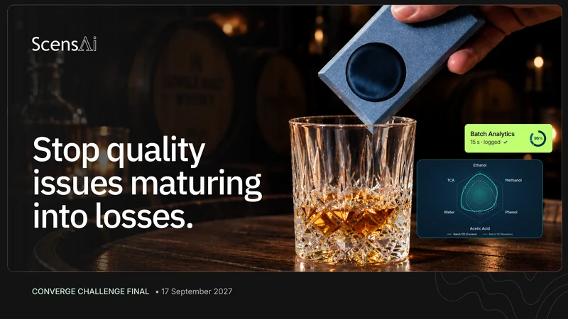Scensai pitch deck cover slide by spectup: a sensor that reads a maturing cask in seconds