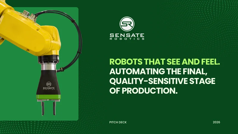 Sensate Robotics pitch deck cover slide by spectup: robotic gripper automating quality-sensitive production stages